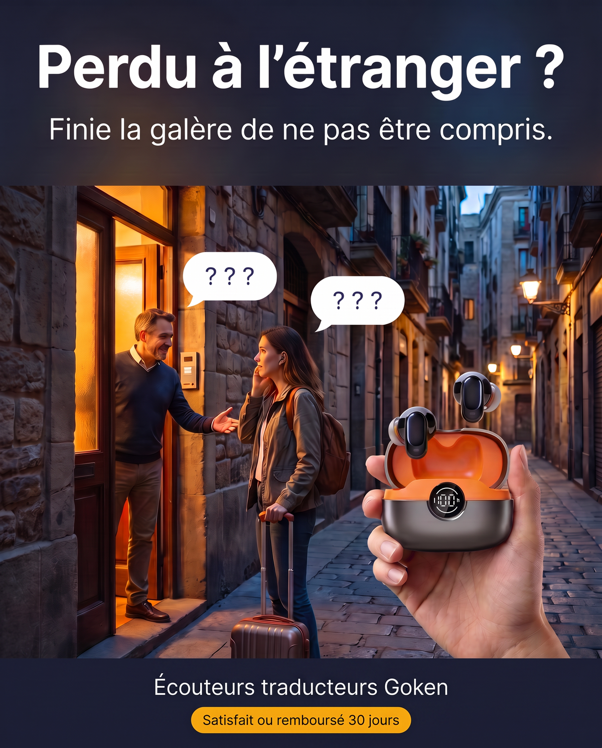 Perdu à l'étranger ? Finie la galère de ne pas être compris : voyageuse et hôte dans une ruelle, écouteurs traducteurs Goken