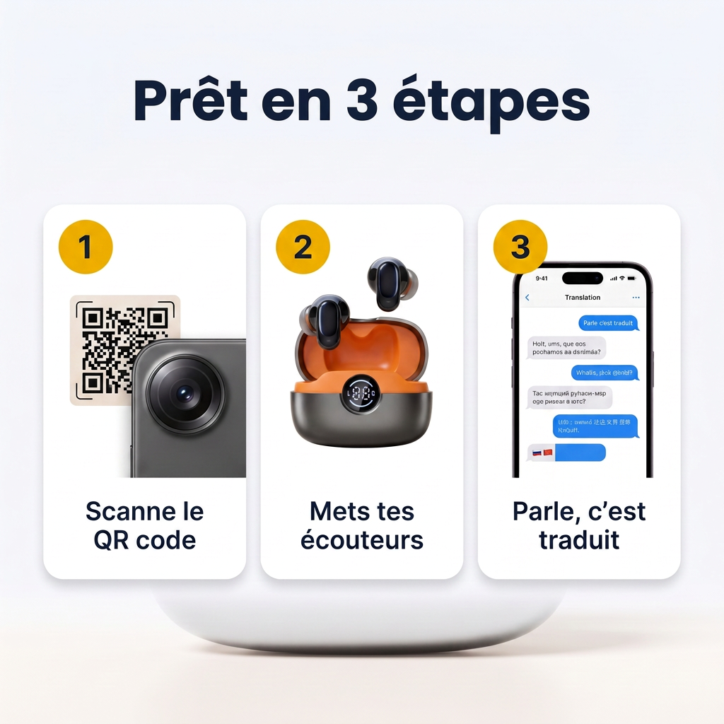 Prêt en 3 étapes : scanne le QR code, mets tes écouteurs, parle et c'est traduit