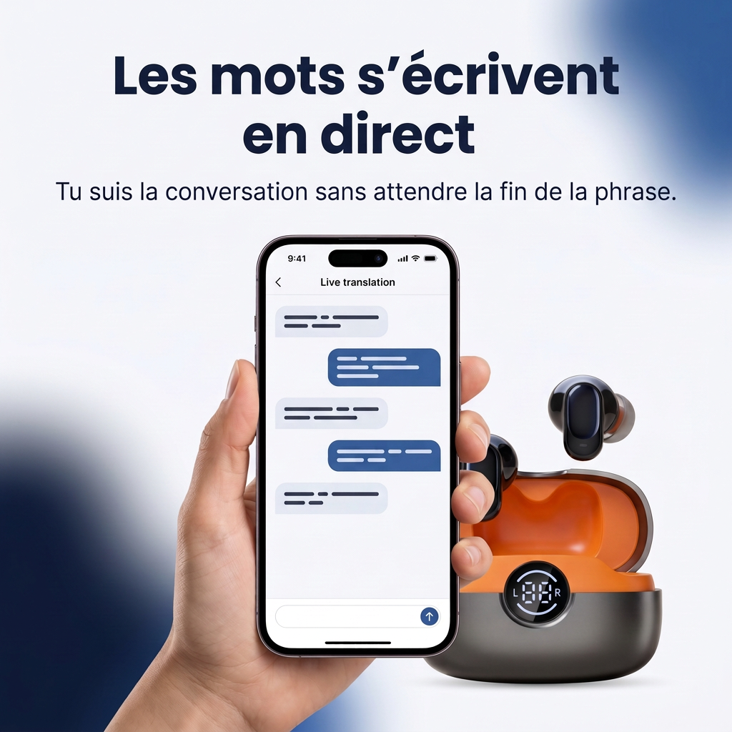 Les mots s'écrivent en direct sur le téléphone, avec l'étui et l'écouteur Goken